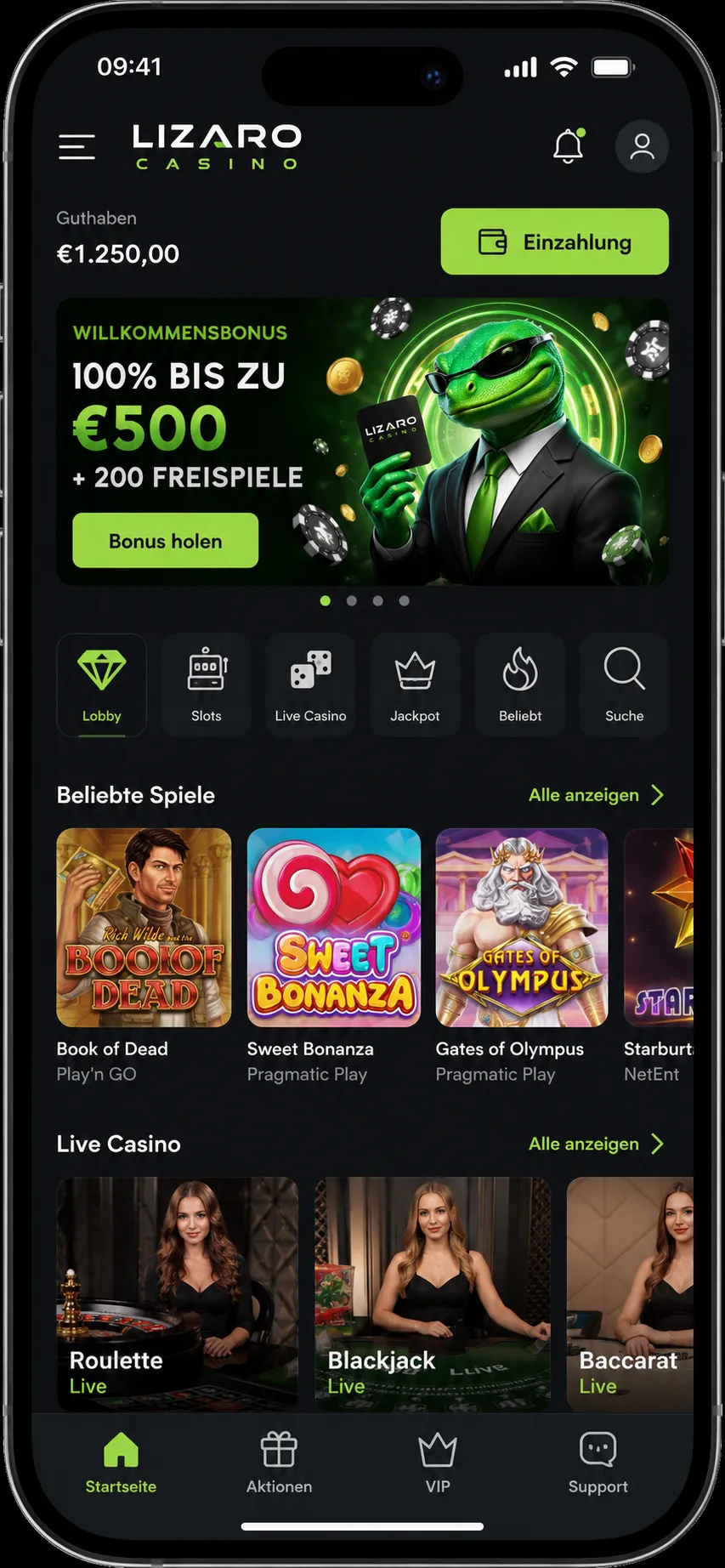 Lizaro Casino App — Startbildschirm